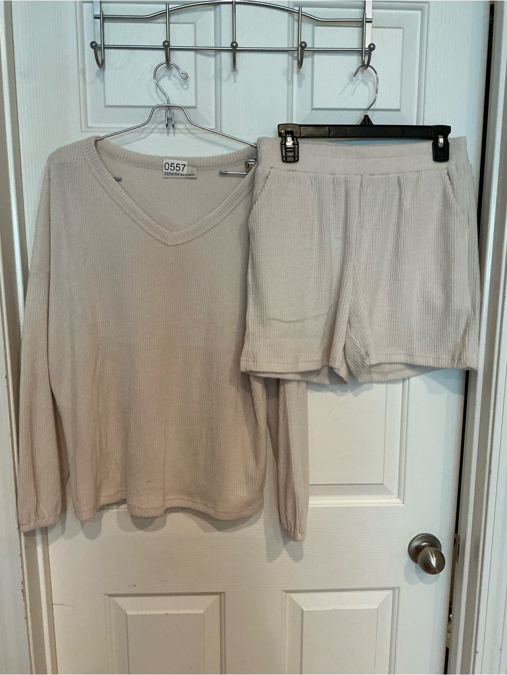 Zenana Outfitters Ribbed V-Neck Lounge Top & Shorts Set - Cream